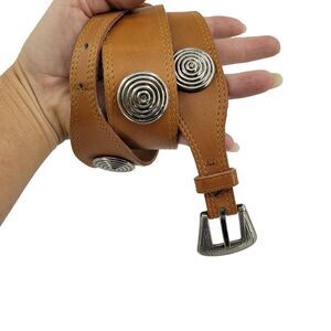 80's Liz Claiborne Belt Leather Western Camel Silver Buckle Swirl Studs S 30"